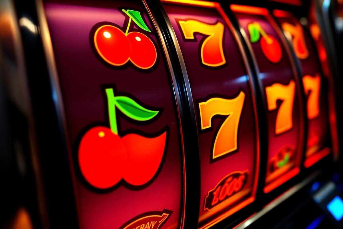 Rodillos de slot machine encendidos con cerezas y sietes de la suerte